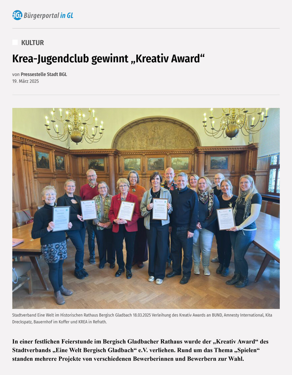 Presse-Artikel: Krea-Jugendclub gewinnt Kreativ Award.
